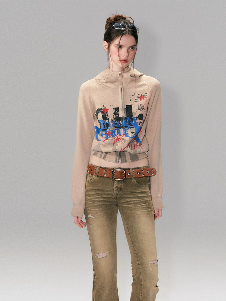 Vintage Print Knit Hoodie