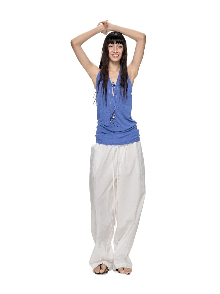 Deep Blue Sleeveless V-Neck Halter Neck Top