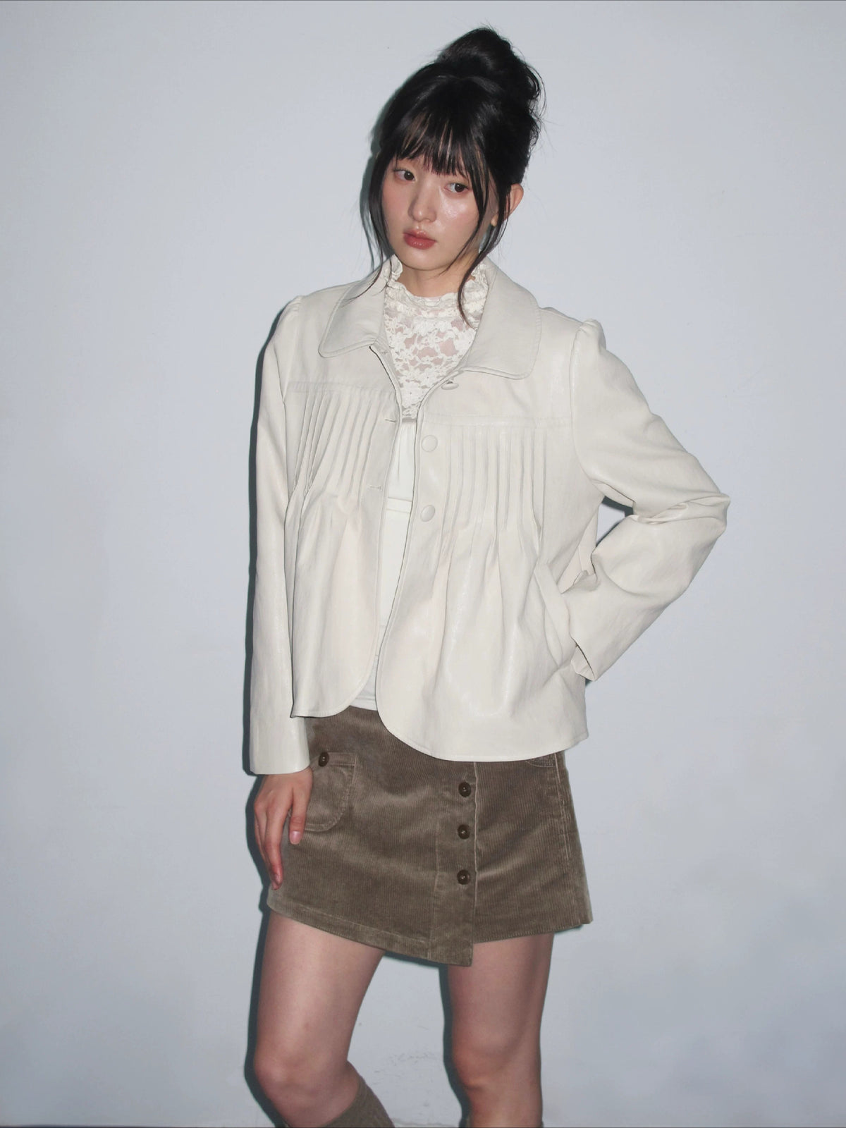 Pleated Curved-Hem Leather Jacket