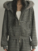 Striped Faux Fur Hooded Zip Cardigan