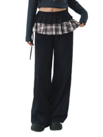 Navy Blue Plaid Panel Straight Pants