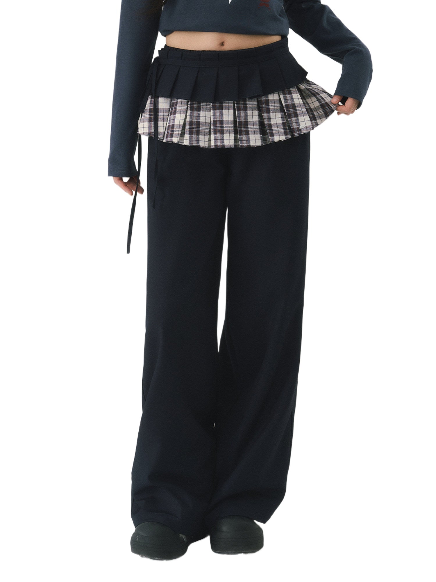 Navy Blue Plaid Panel Straight Pants