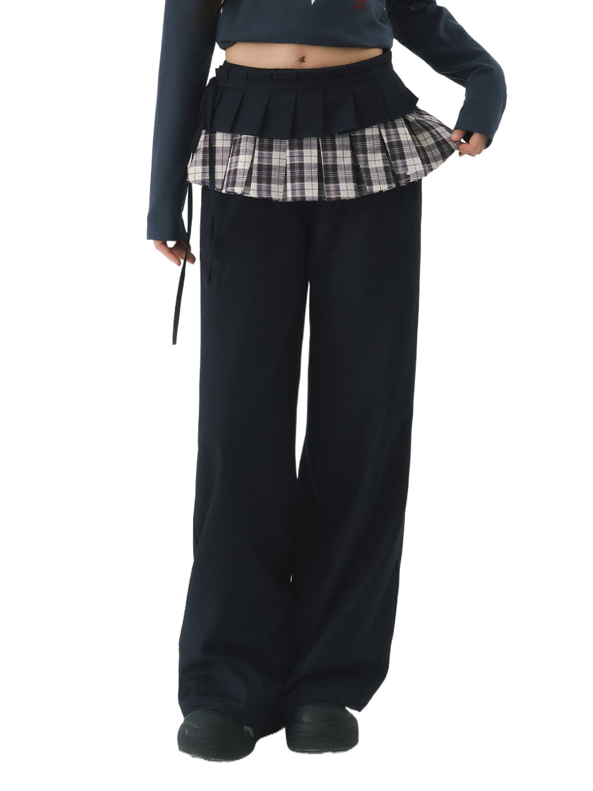 Navy Blue Plaid Panel Straight Pants