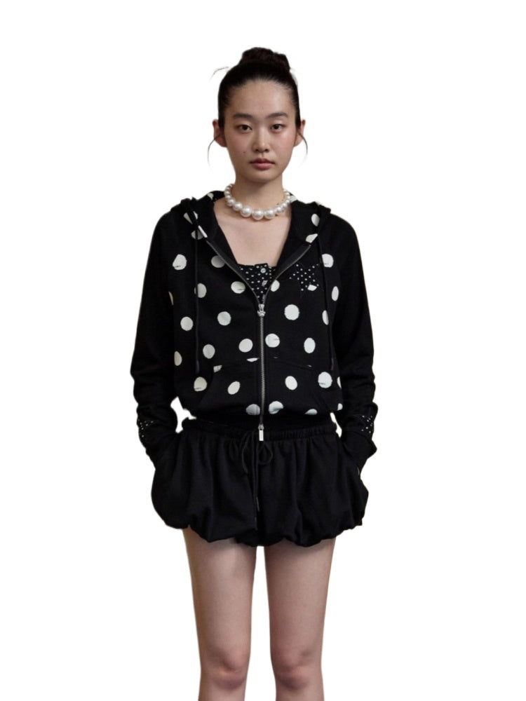 Polka Dot Patchwork Raglan Sleeve Hoodie Jacket
