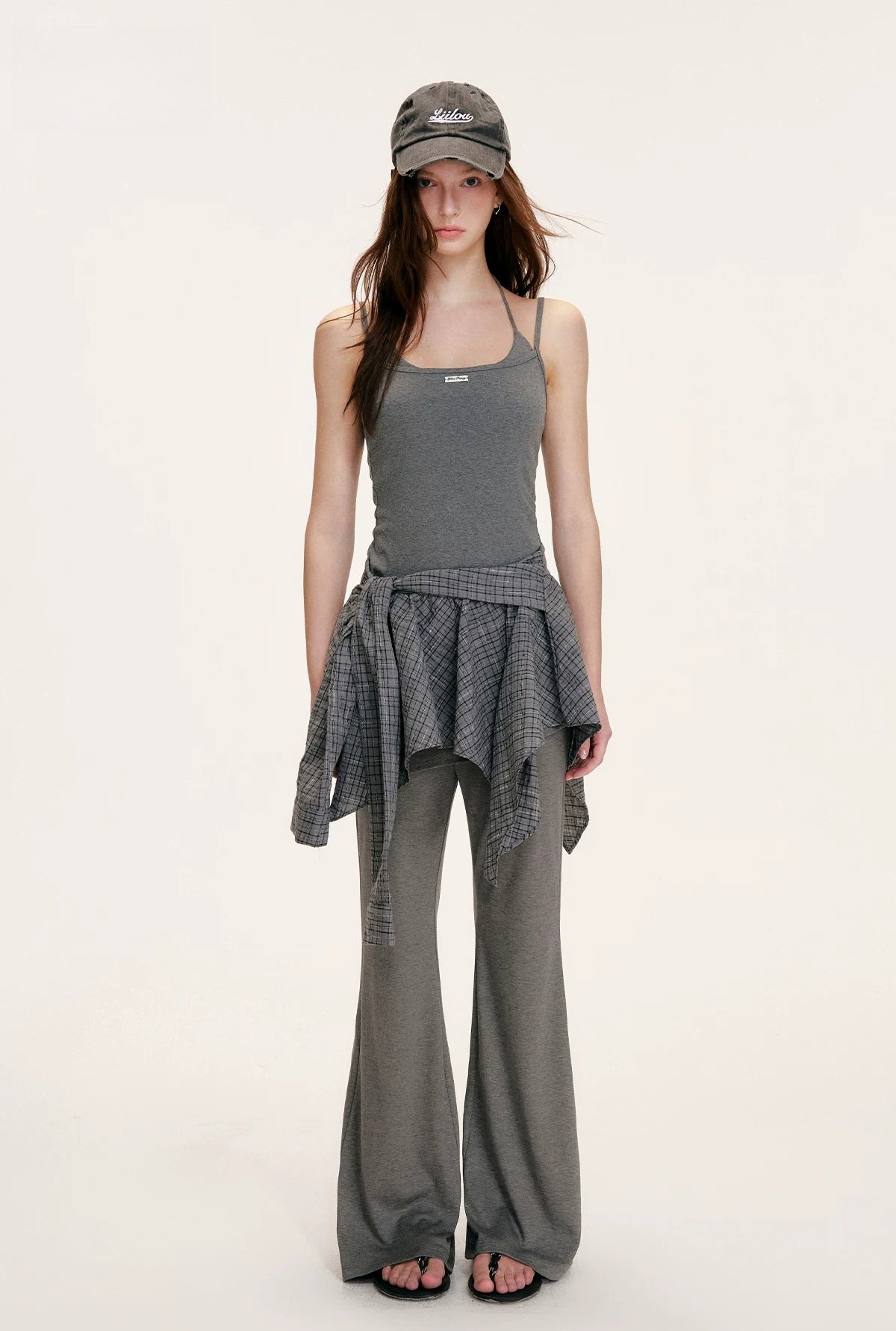 Gray Layered Plaid Halter Dress