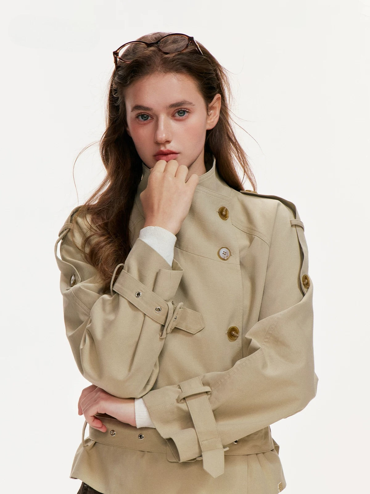 Double-Breasted Belted Cropped Trench Coat