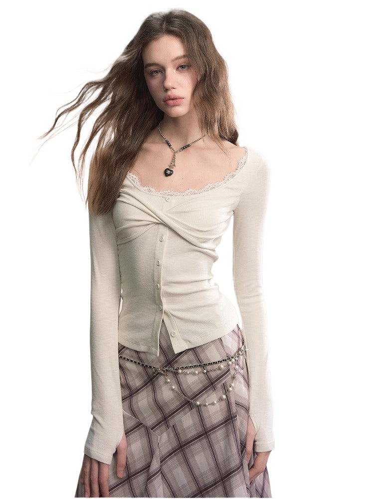 Lace Trim Buttoned Long Sleeve Top