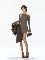 Fox Fur Cuff Asymmetric Knit Dress