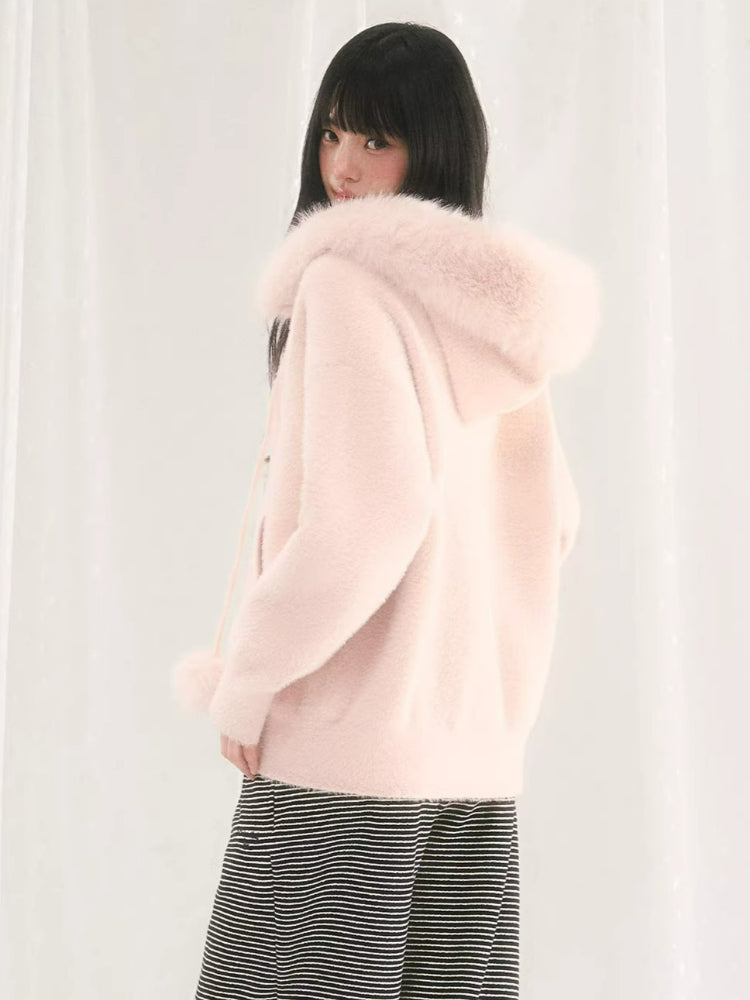 Fur Collar Hooded Knit Cardigan