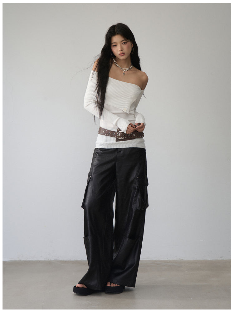 One-Shoulder Collared Knit Crewneck