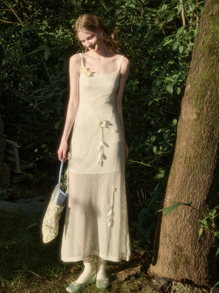 Solid Color Knitted Flower Pure White Dress