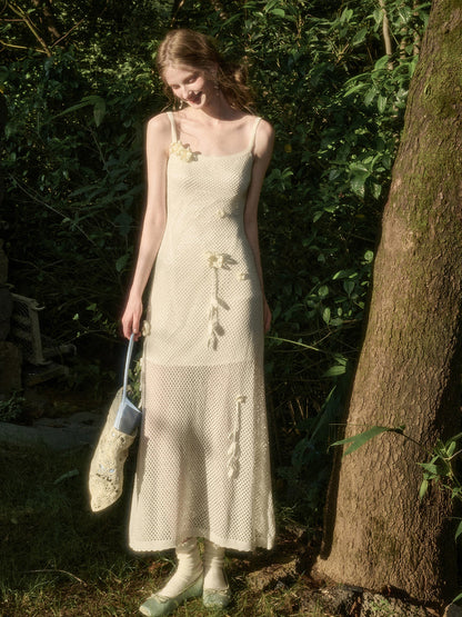 Solid Color Knitted Flower Pure White Dress