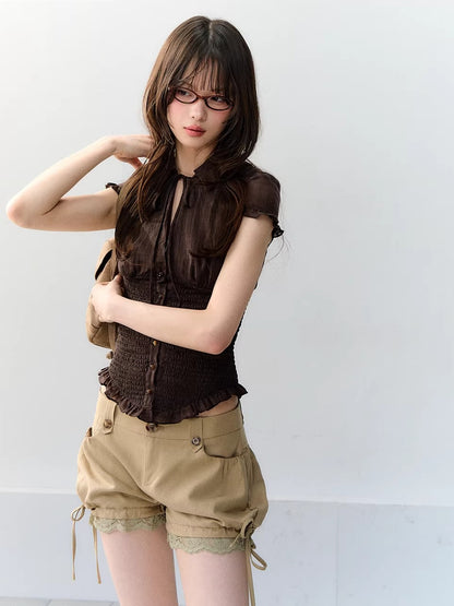 Blue &amp; Brown Ruffle Tie Blouse