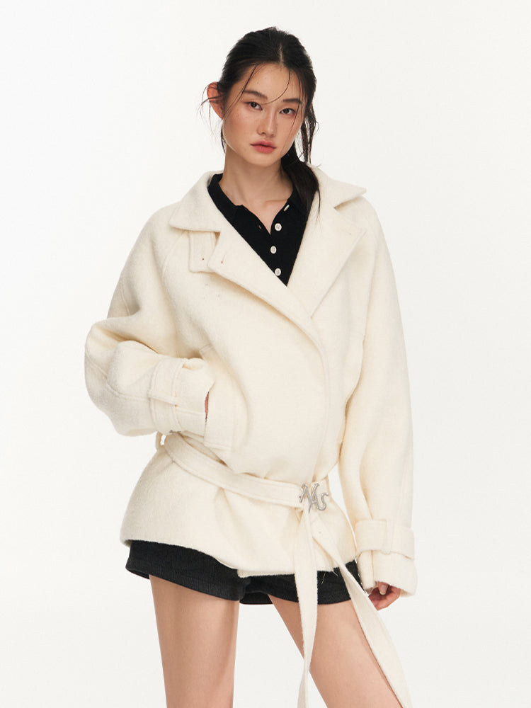 Cream &amp; Black Wool Blend Loose Lapel Jacket