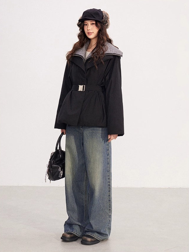 Belted Contrast-Knit Collar Down Coat