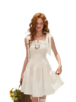 White Striped Ruched Bow Strap Dress