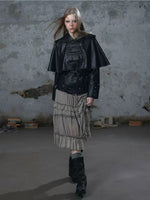 Detachable Cape Belted Leather Jacket