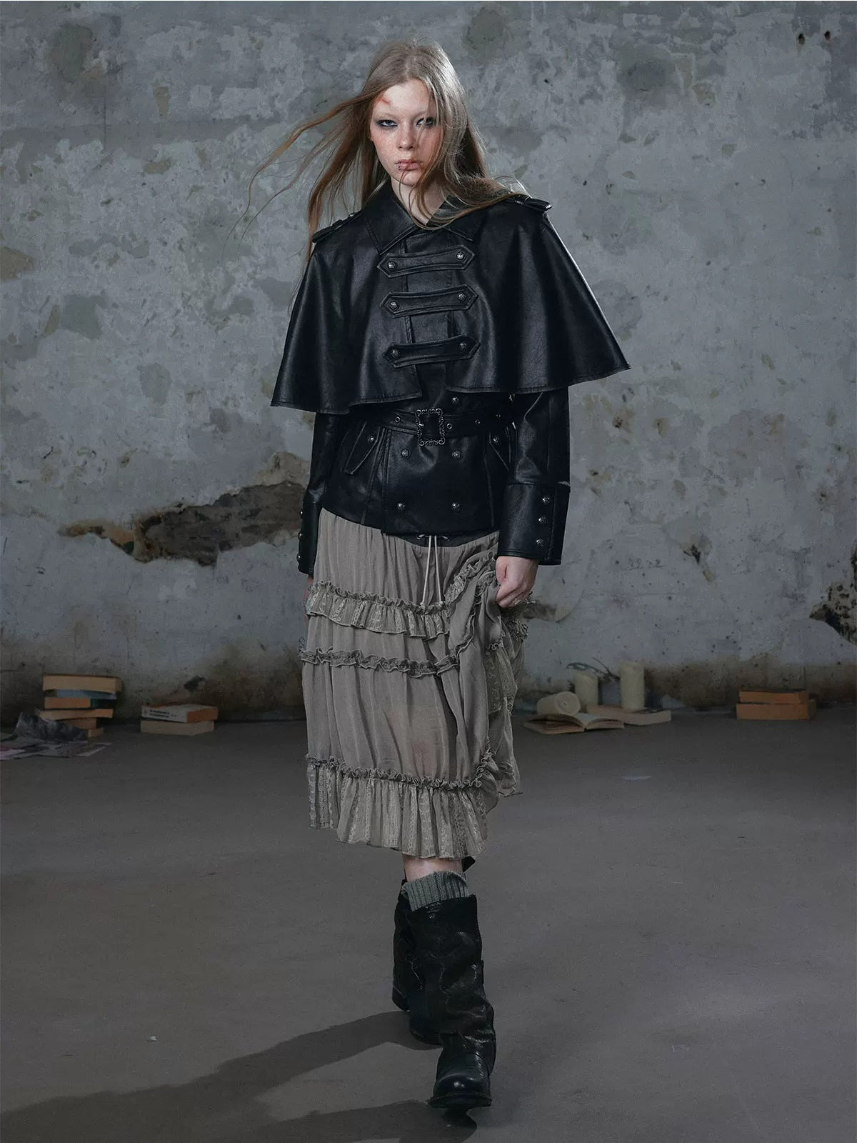 Detachable Cape Belted Leather Jacket