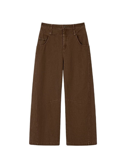 Brown Double-Waistband Straight Pants