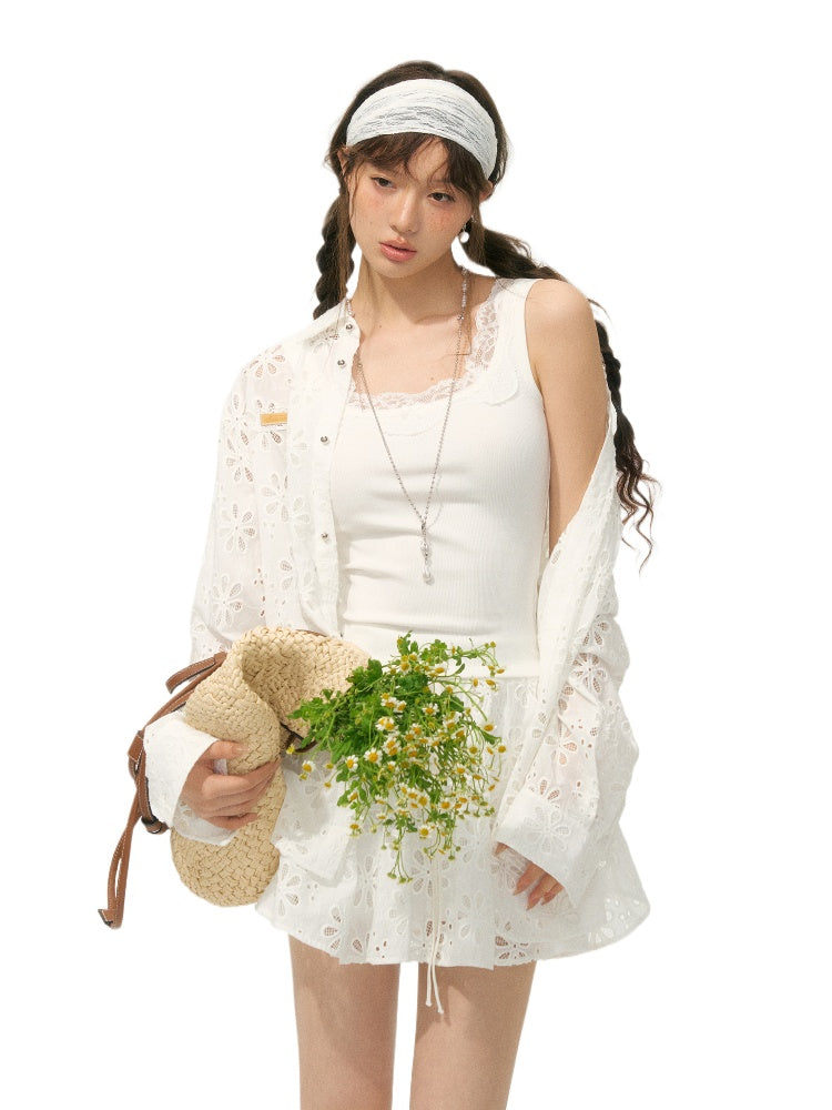 Collar Cut-Out Floral Shirt & Skirt Set