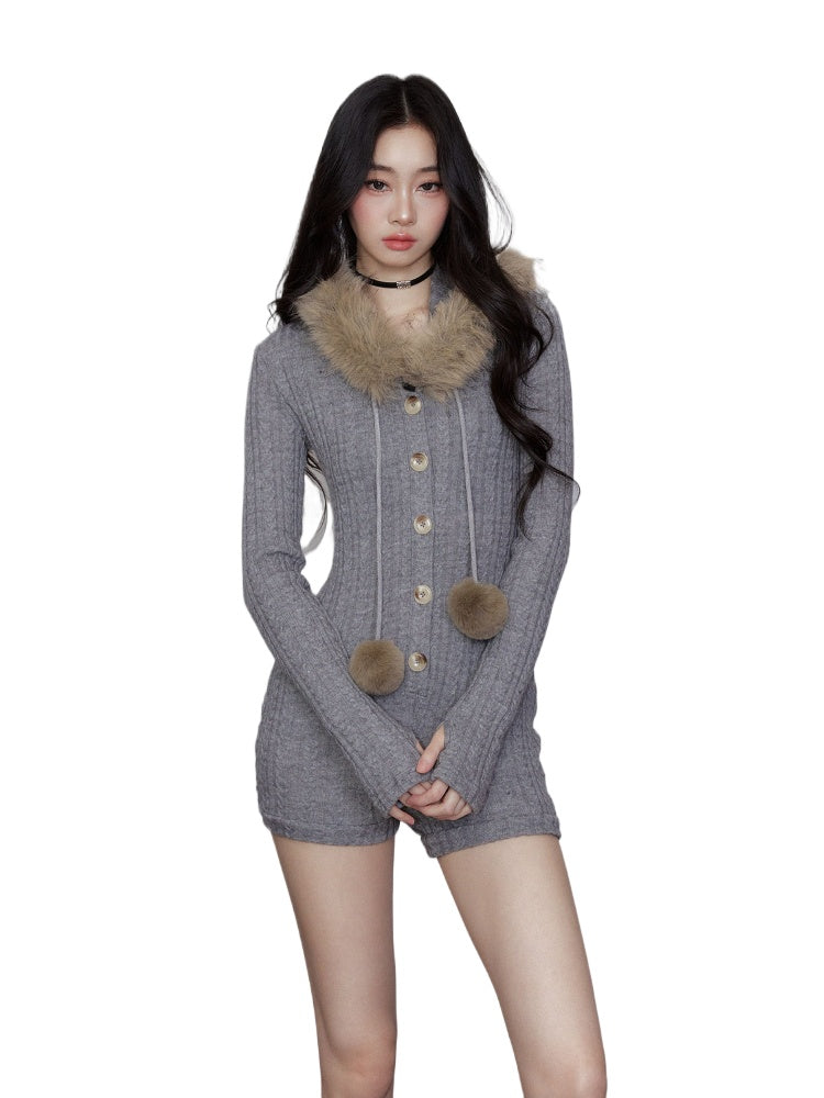 Removable Fur Collar Hooded Jumpsuit