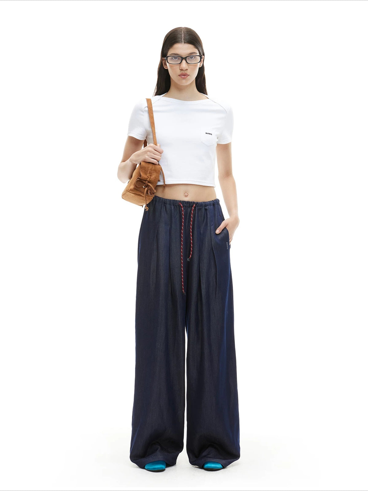 Blue Draped Wide Jeans
