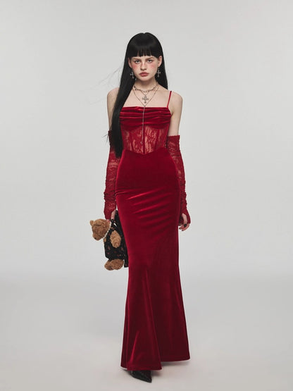 Fishbone Strap Long Velvet Bodycon Dress