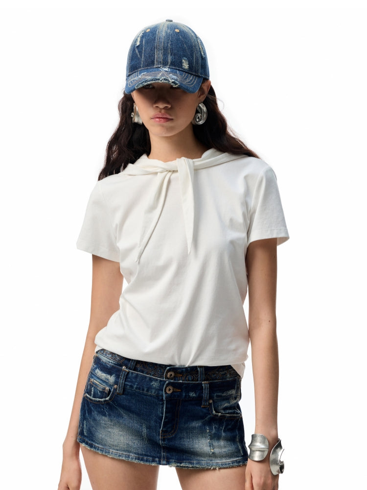 Hooded Bow Solid-Color T-shirt