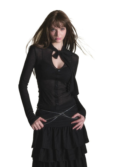 Black V-neck Tencel Wool Long Sleeve Tee