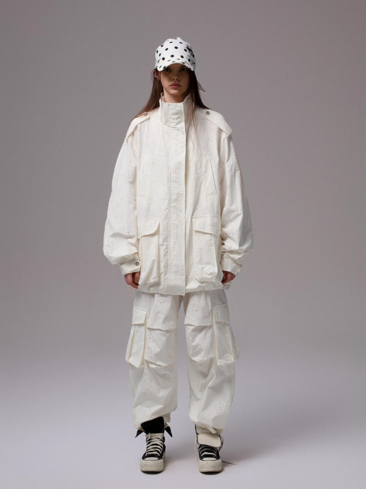 Heavy Embroidery Jacquard Multi-pocket Stand Collar Utility Jacket