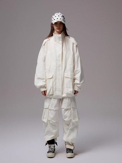 Heavy Embroidery Jacquard Multi-pocket Stand Collar Utility Jacket