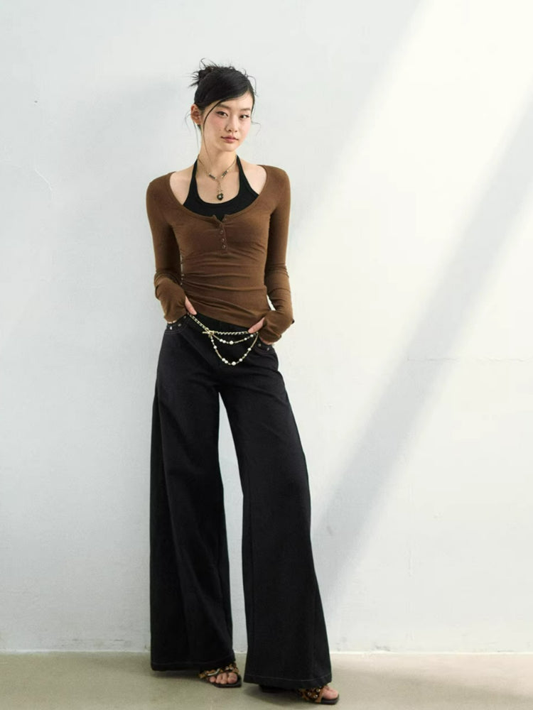 Wave Embroidered Wide-Leg Pants