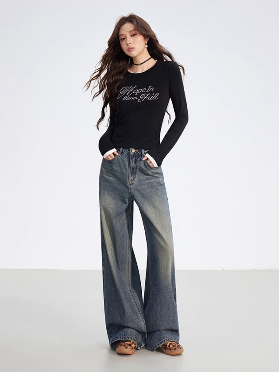 Faux-Layered Rhinestone Letter Fitted T-Shirt
