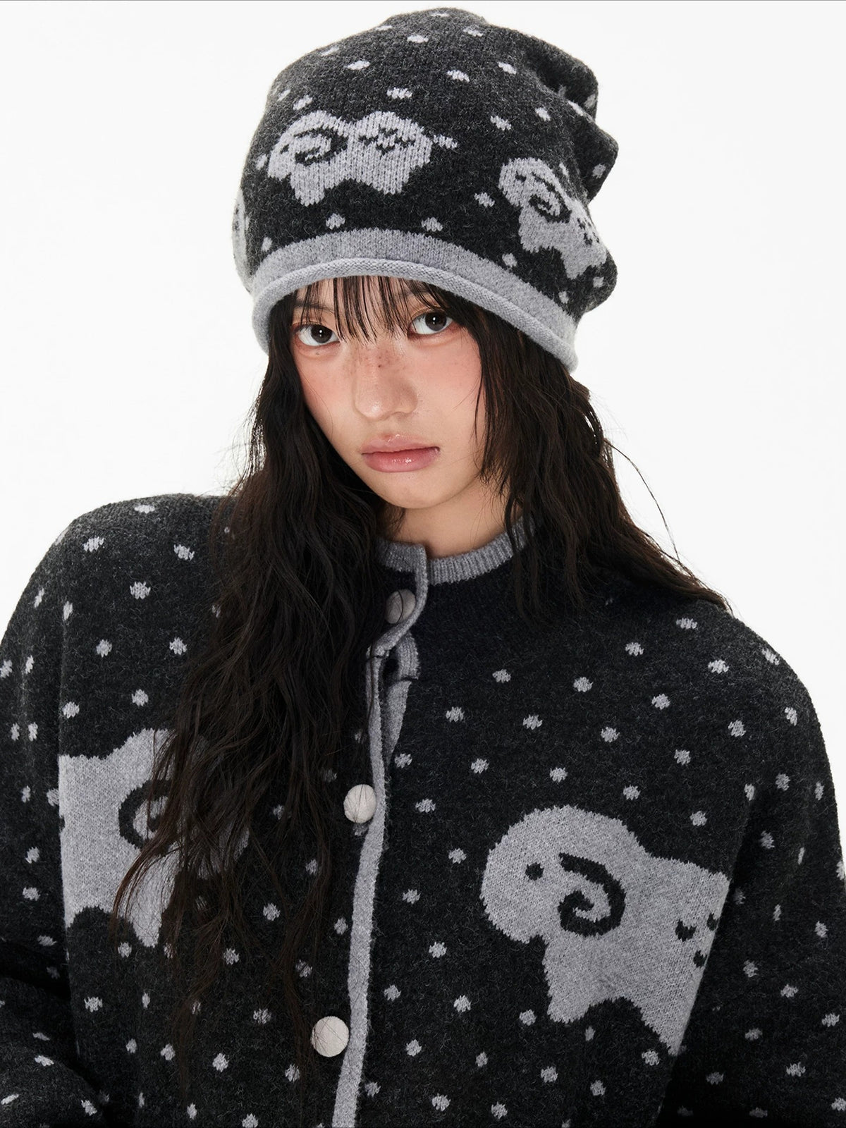 Contrast Sheep Jacquard Knit Cardigan
