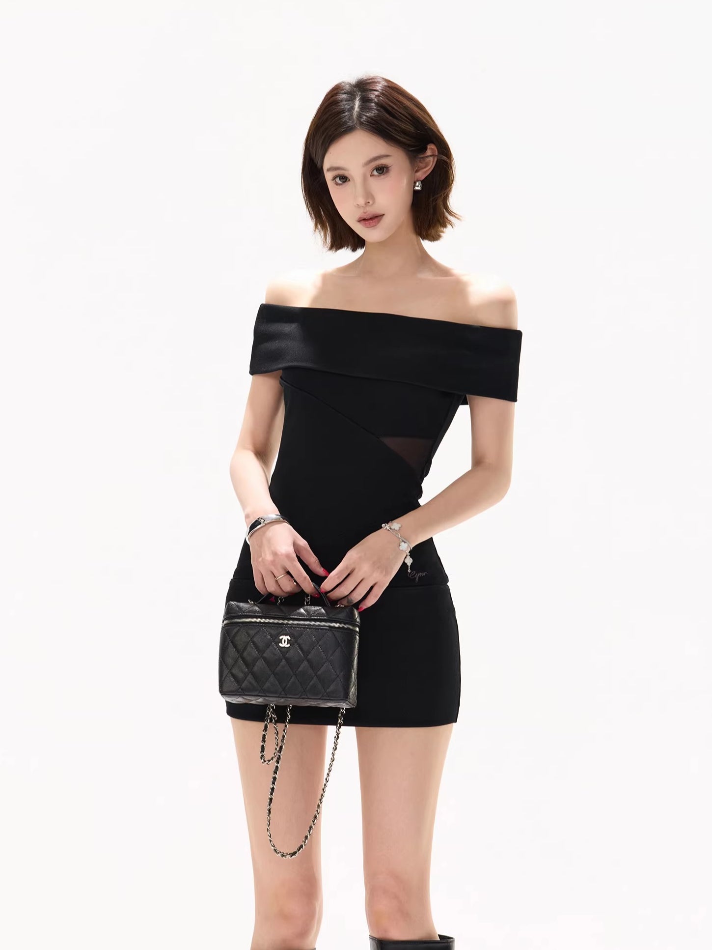 Black Off-Shoulder Mesh Dress