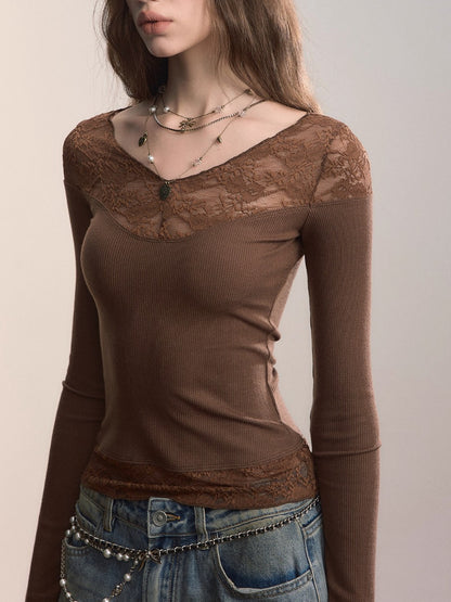 Lace-Trim V-Neck Long-Sleeve Knit Top
