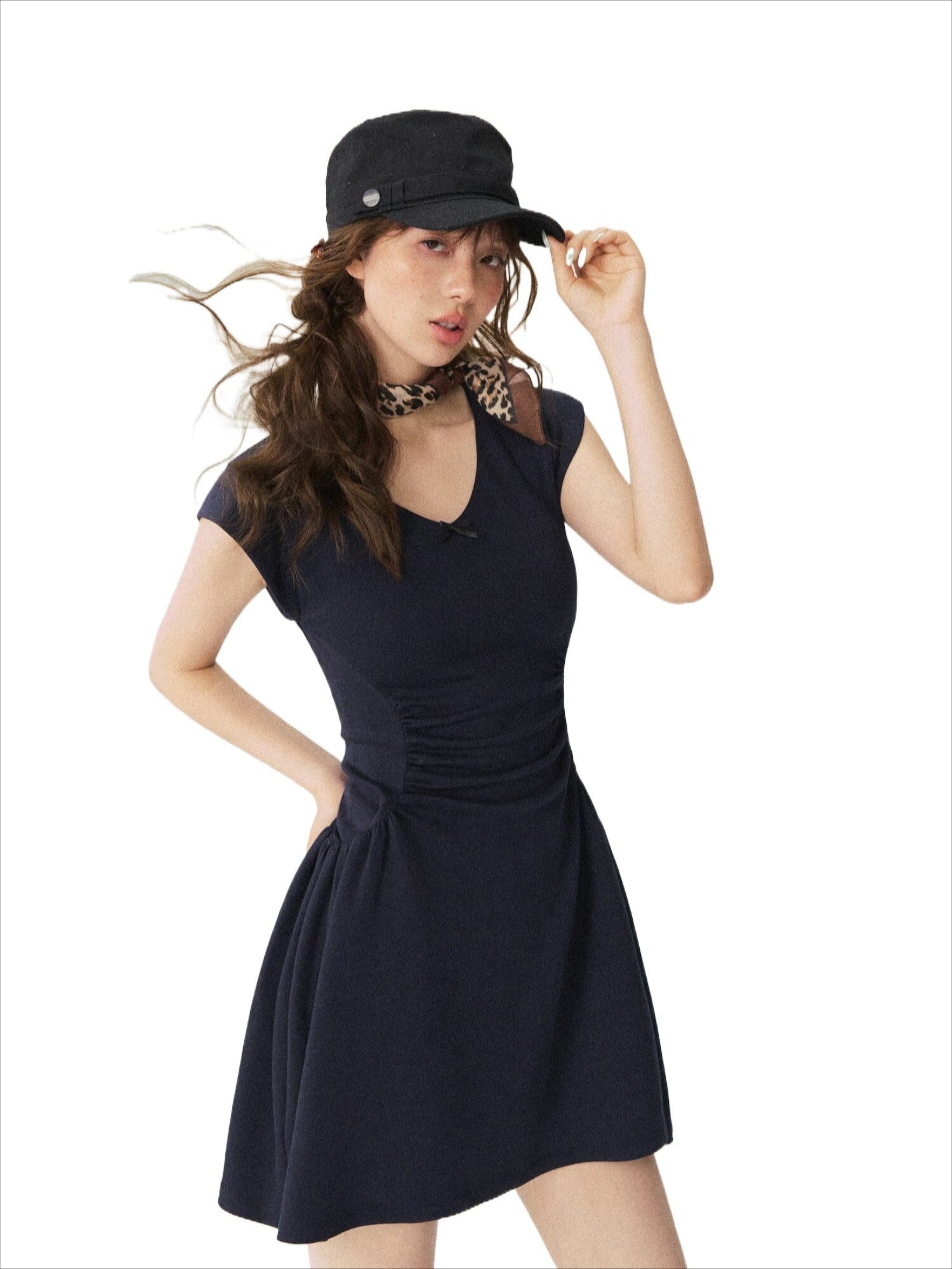 Navy Waist V-Neck Knit Dress