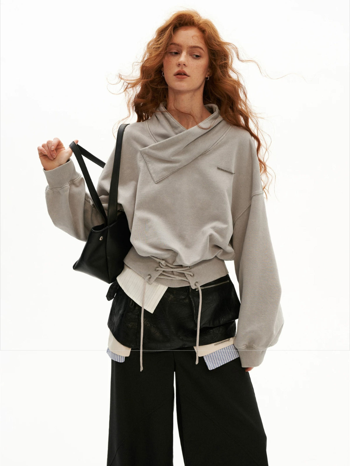 Cross Collar Lace-Up Washed Sweatshirt