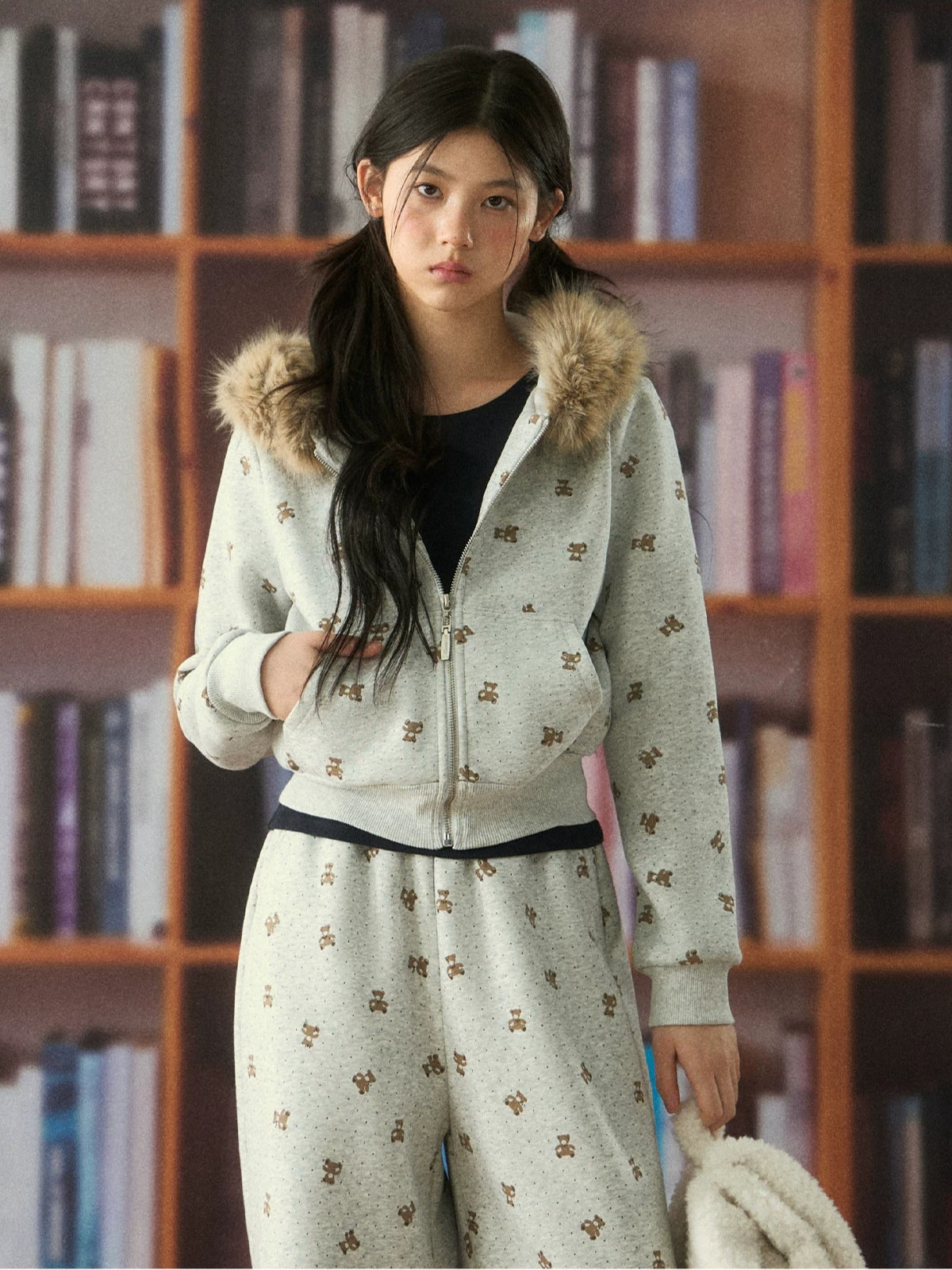Bear Print Hooded Zip Jacket