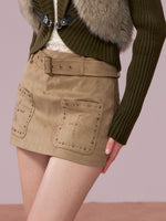 Studded Belt Faux Suede A-Line Skirt