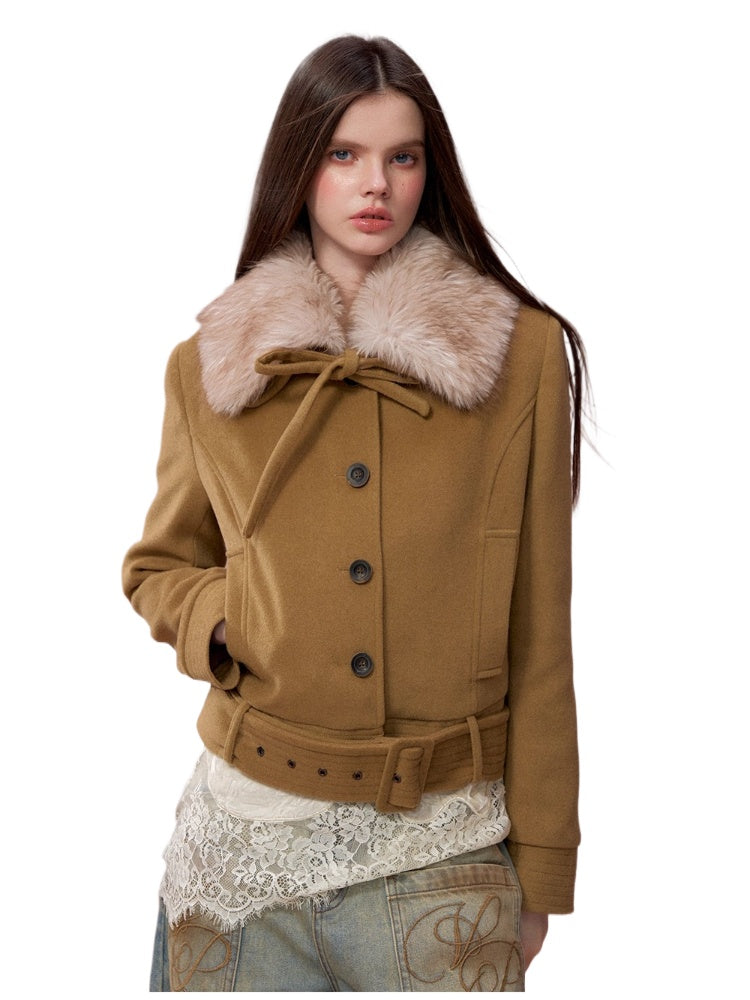 Faux Fur Collar Removable Belted Jacket