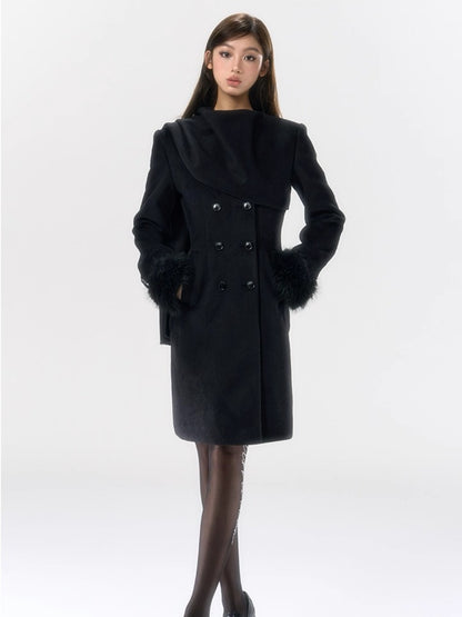 Wool-Blend Scarf-Collar Midlength Waist-Defined Coat