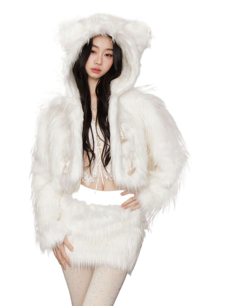 White Hooded Fur Coat