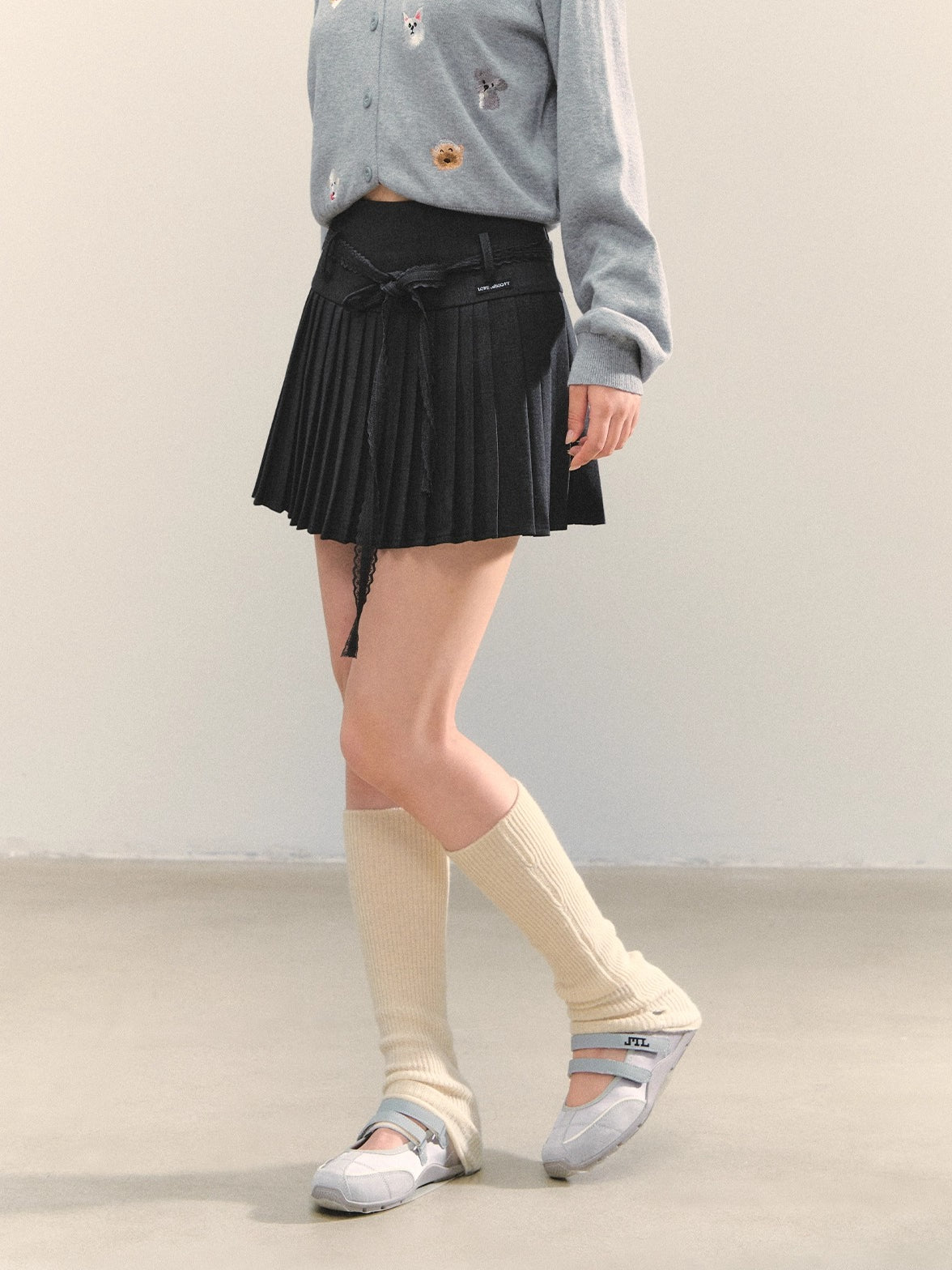Gray Lace-Up Pleated Skirt