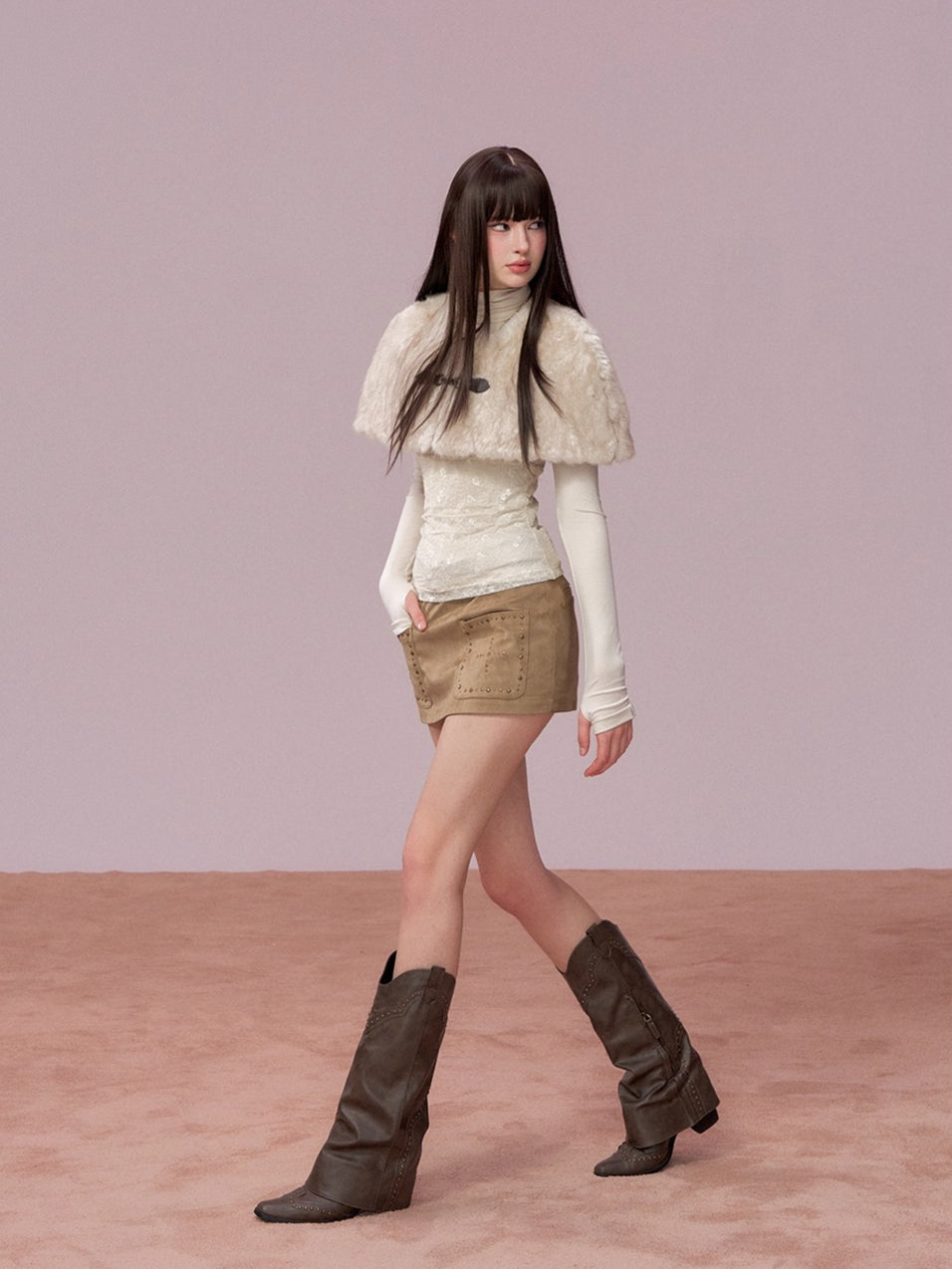 Lace Cold-Shoulder High Neck Long Sleeve Top