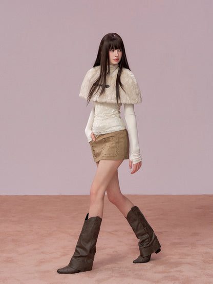 Lace Cold-Shoulder High Neck Long Sleeve Top