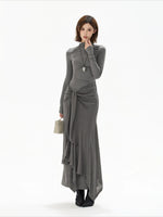 Gray Tie Detail High Neck Knit Dress