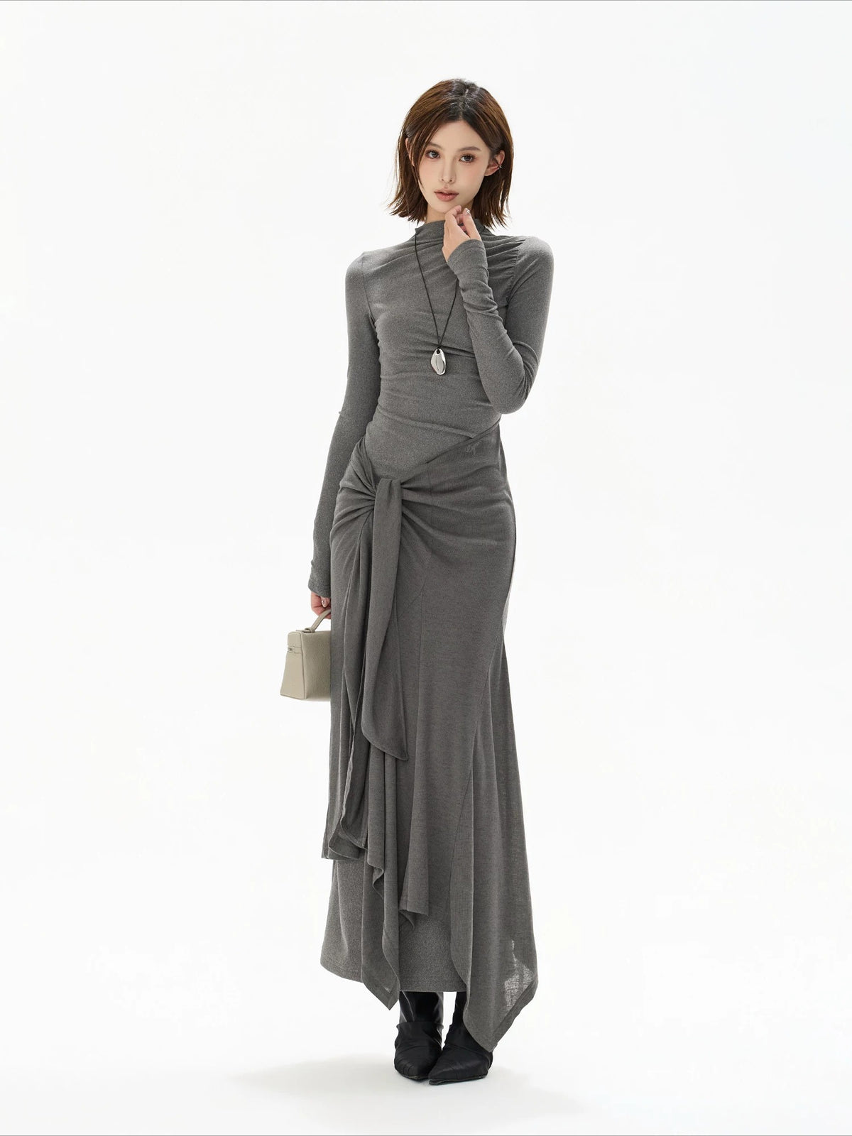 Gray Tie Detail High Neck Knit Dress