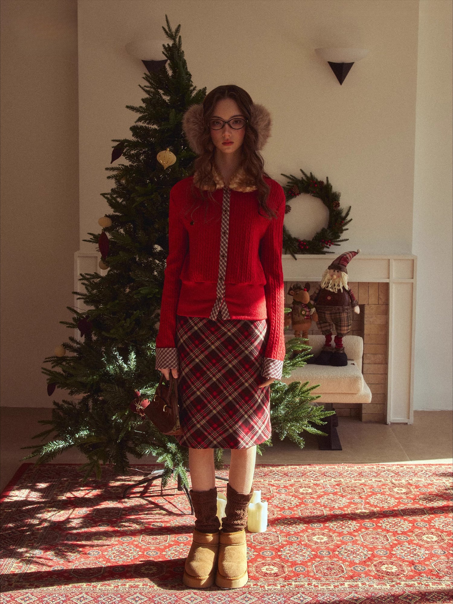 Fur-Collar Plaid Knit Cardigan