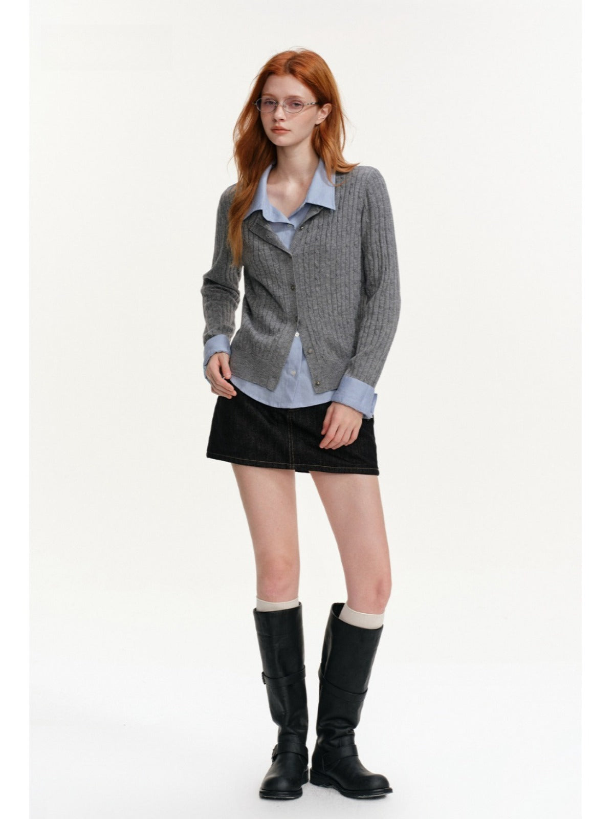 Cable Knit Layered Shirt Cardigan